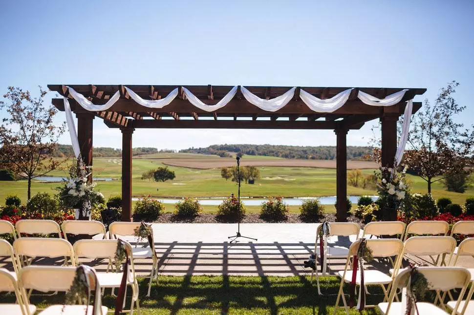 Outdoor wedding venue in New Tripoli overlooking a golf course with a terrace
